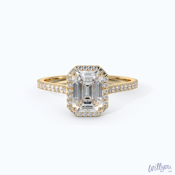 Emerald Cut Halo Engagement Ring in Yellow Gold