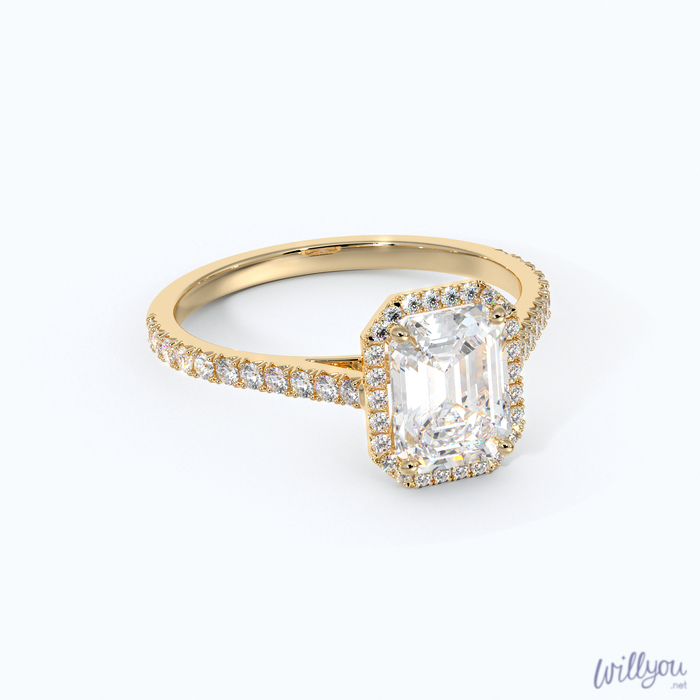 Emerald Cut Halo Engagement Ring in Yellow Gold